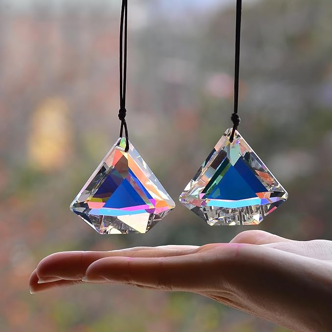 2PCS Clear Diamond Crystal Sun Catcher Prisms, STINO Hanging Suncatchers with Glass Prism, Rainbow Maker for Windows, Balcony, Kitchen, Garden Decoration (1, Diamond ABColor 2Pcs)