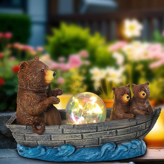Solar Bears Boating Statue with Ball Light 5" Resin Bear Figurines Waterproof Bear Decorations for Home Yard Patio Porch Balcony Best Garden Gifts for Women Mothers Grandmothers Sisters