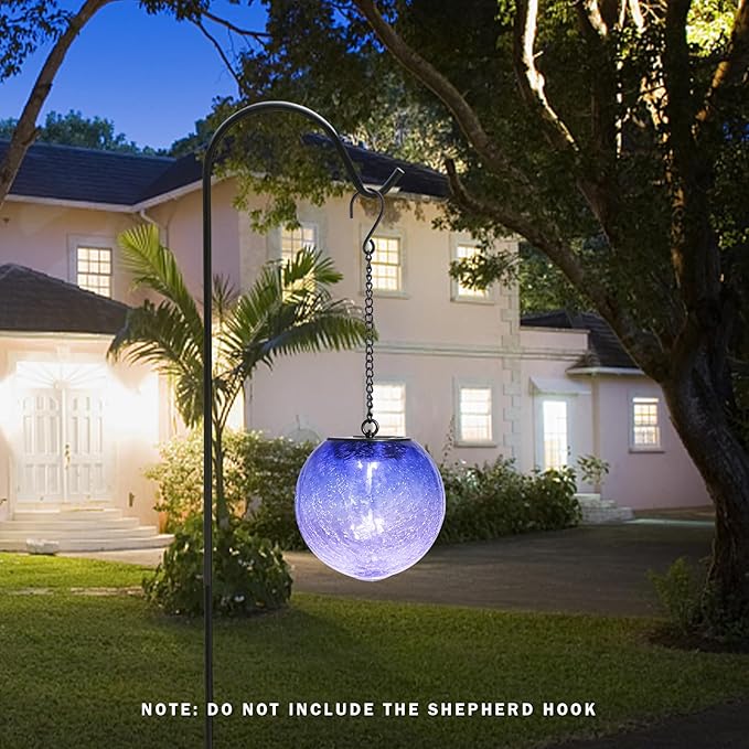 Hanging Solar Lights Outdoor Solar Lanterns Outdoor Decorative Cracked Glass Ball Lights Solar Powered Waterproof LED Globe Lantern for Outdoor Porch Patio Garden Decor Gift Purple