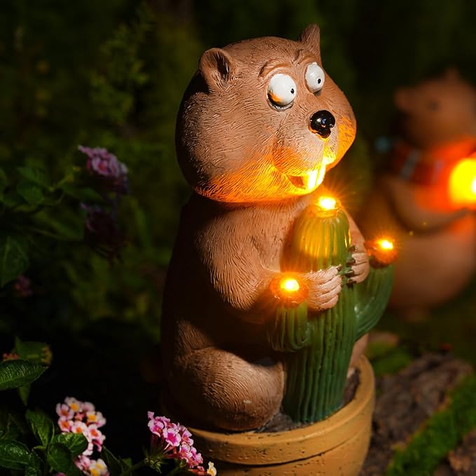 Solar Groundhog Garden Statue with LED Lights - Resin Cactus Planter Ornament for Outdoor Decor, Lawn, Patio, Yard, and Balcony, Unique Garden Gift for Women, Mom, and Grandma