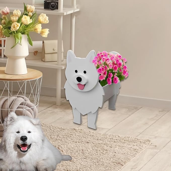 Samoan Dog Planter Plant Pots,Cute Garden Dog Flower Planter,Dog Planters Birthday Gifts for Women,Office,Indoor/Outdoor Decor（9.45 * 6.77 * 13.46in）