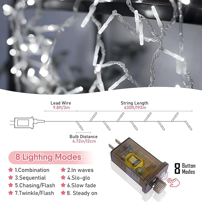 Heceltt 1600 LED 630 FT String Lights Outdoor, 8 Modes Cool White Christmas Lights Plug in, Waterproof Led Lights with Timer and Memory String Lights for Xmas Holiday Wedding Decorations
