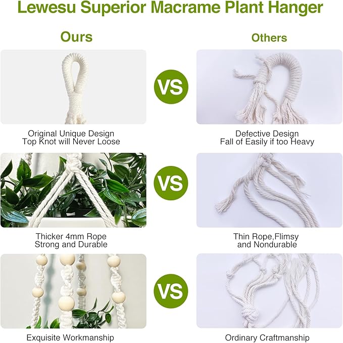 Macrame Plant Hanger Indoor Set of 4 with 8 Hooks, Indoor Outdoor Hanging Planter for Plants Holder with Decorative Wood Beads & No Tassels, Boho Home Decor, 35 Inch Ivory (Pots Not Included)