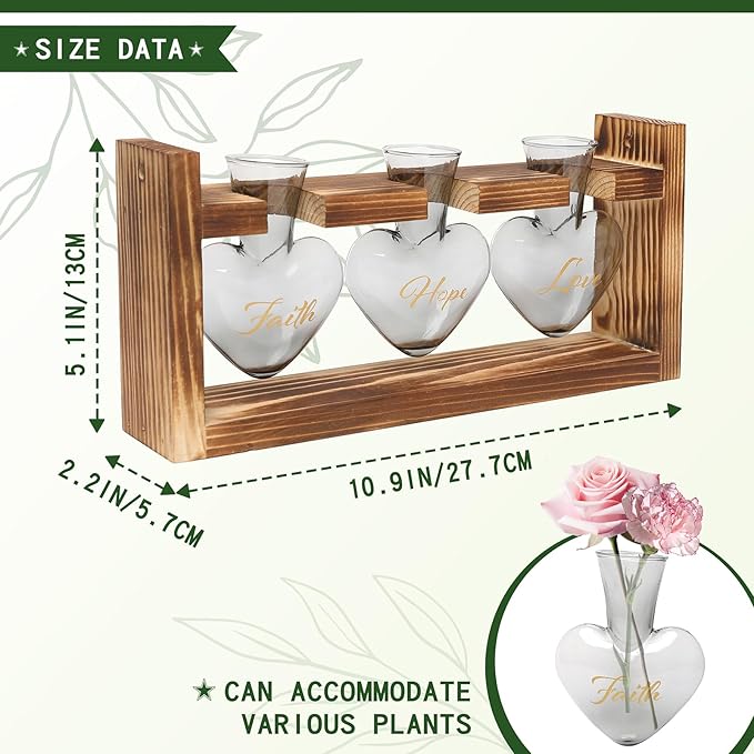 Plant Terrarium Propagation Stations Faith Hope Love Hydroponics Home Garden Decoration Gift for Women with Wooden Stand Heart Shaped Colored Glass Vase