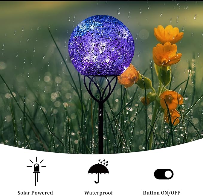 VCUTEKA Solar Lights Outdoor Garden Decor Mosaic Solar Garden Lights Waterproof Glass Ball LED Pathway Stake Light for Landscape Lawn Patio Yard Decoration Purple 6 inch