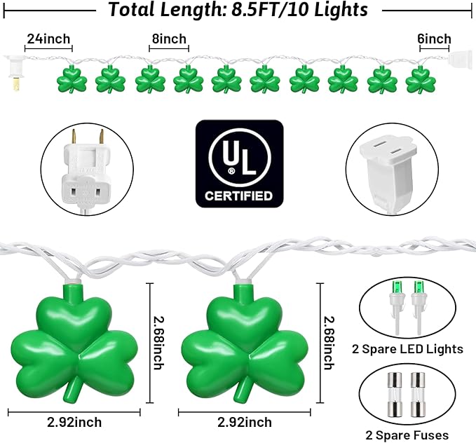 St Patricks Day Decorations Shamrock String Lights, 8.5FT Green Lucky Clover String Lights Waterproof with 10 Green LED Lights for Indoor Outdoor St. Patrick's Day Party Decorations, White Wire