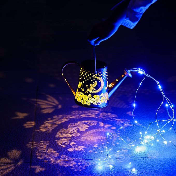 YJFWAL Watering Can With Solar Garden Lights, Fairy Butterfly Decor, Star Shower Art Hanging Waterfall for Outdoor Table, Patio, Yard, Pathway, Walkway (Blue)