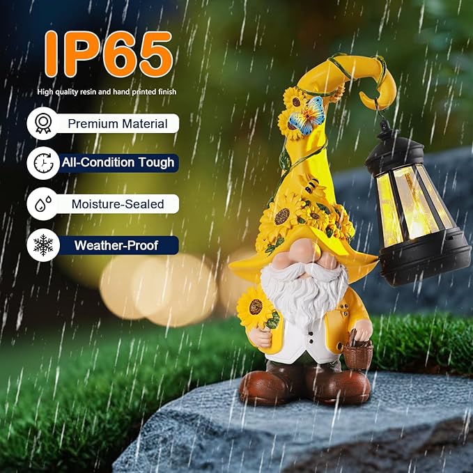 Solar Garden Decor - Sunflower Gnome Statue with Lantern 9.1" Garden Gnomes Outdoor Funny Solar Statues Yard Porch Lawn Patio Decor Gardening Gift for Women Mom Grandma Wife Girlfriend