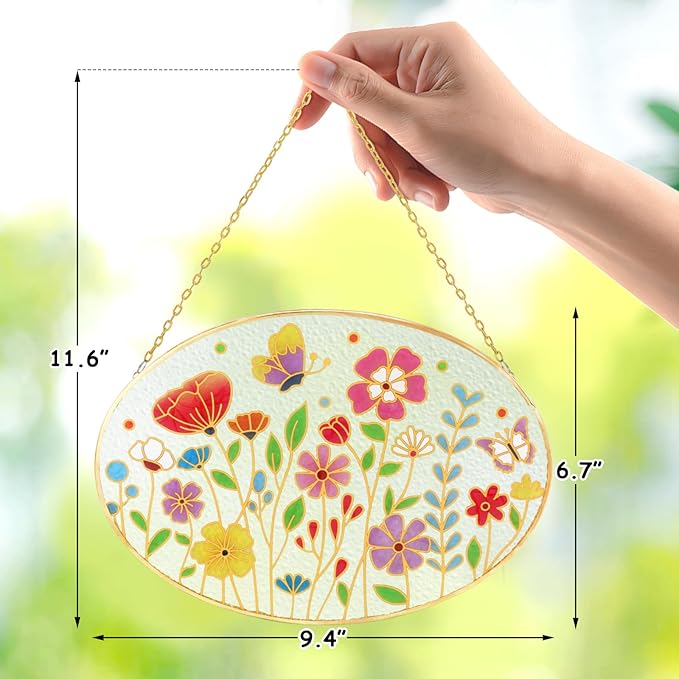 Tuitessine Wild Flower Stained Glass Suncatcher Colorful Flowers Window Wall Hanging Ornament Indoor Hand-Painted Glass Panel Spring Decor Mother’s Day Teacher Appreciation Gift 9.5" x 6.7"