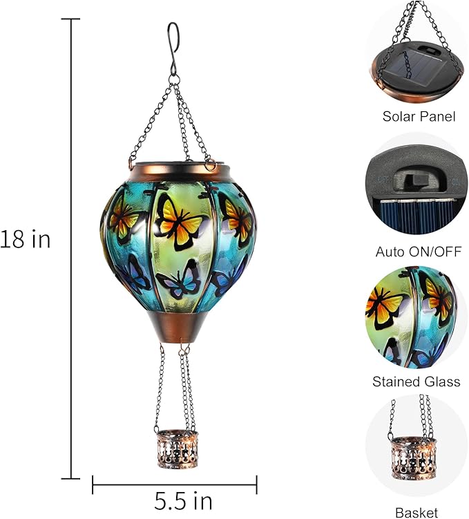 pearlstar Hot Air Balloon Solar Lantern with Flickering Flame Light Outdoor Solar Hanging Lights Waterproof for Garden Yard Farmhouse Patio Pathway Outside Decoration,Glass(Butterfly)