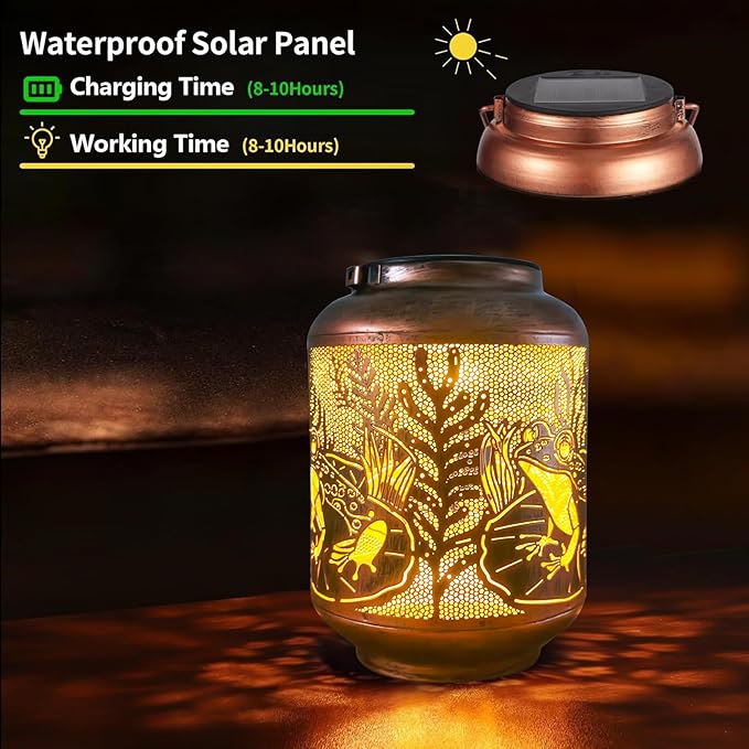 Frog Outdoor Solar Waterproof Light Retro Wrought Iron Hollow LED Light, Waterproof Garden Decorative Light, with Projection Function, Suitable for Balconies, Lawns, and Courtyard Landscapes.