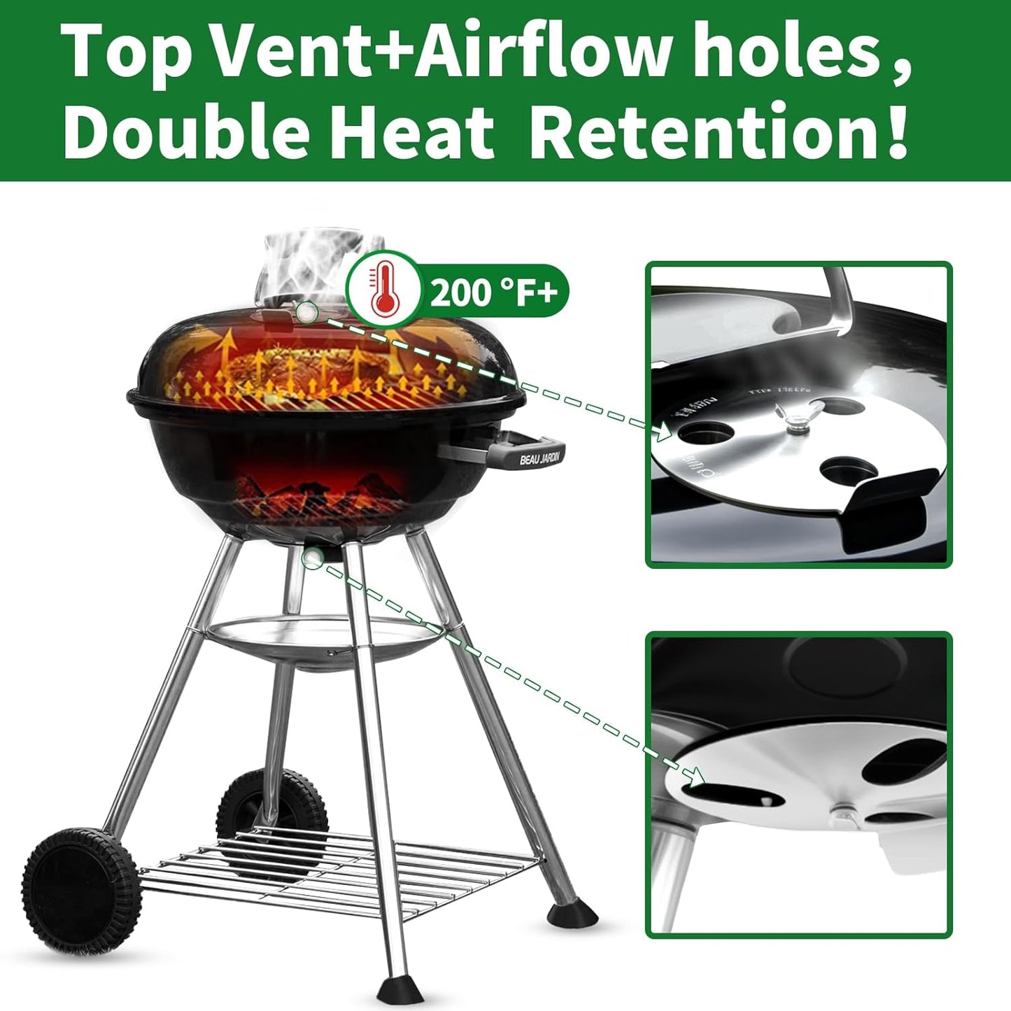 BEAU JARDIN Charcoal Grill 18 Inch for Outdoor Cooking BBQ Barbecue Coal Kettle Bowl Grill Portable Heavy Duty Round with Wheels Grilling for Tailgating Patio Backyard Camping Black BG4691