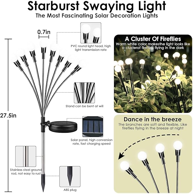 2025 Solar Lights Outdoor Waterproof, 4 Pack Solar Garden Lights, Solar Firefly Lights Outdoor Waterproof, Solar Twinkle Swaying Fairy Light for Yard Patio Pathway Garden Decoration (Cool White)