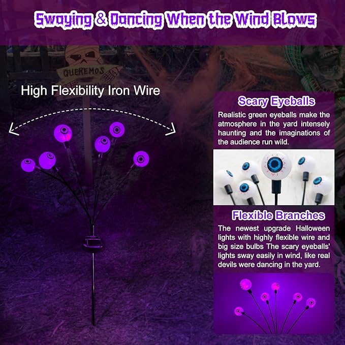2 Packs 12 LED Scary Eyeball Lights - Purple, Swaying Firefly Lights - Waterproof Solar Halloween Decor for Outdoor/Yard/Garden/Lawn/Party