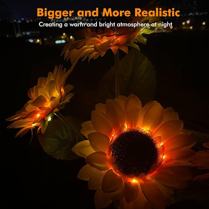 Solar Sunflower Lights, 800mA Solar Garden Light with Real Looking Flowers Outdoor Waterproof Solar Stake Lights for Back Yard, Flower Bed, Pathway, Patio, Porch, Spring Decoration (2 Pack)