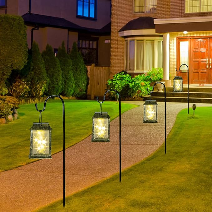 Solar Lanterns Outdoor Waterproof, 3D Hanging Solar Lights, Type-C Rechargeable LED Solar Pathway Lights with 2 Modes (Steady & Flashing), for Garden Decor, Patio, Yard, Camping (1 Pack )