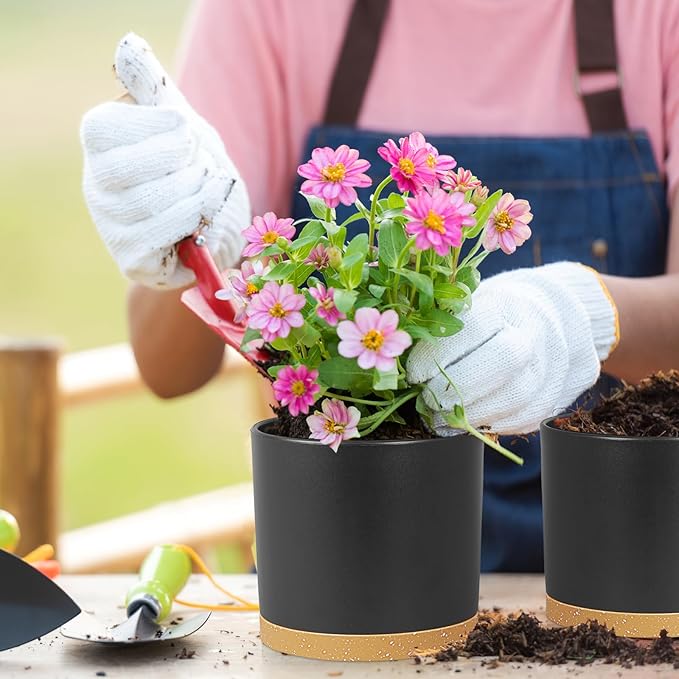 8/7/6 inch Flower Pots, 3 Pack Cylinder Plant Pots for Outdoor Indoor Plants, Decorative Plastic Planters with Drainage Holes and Saucers for Garden House Plants, Black with Brown