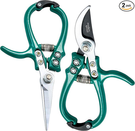 Modern Sprout Hand Pruners & Shears Set - Lightweight Gardening Tools W/Easy Lock - Sharp Carbon Steel Blades -Rust Resistant Scissors for Herbs, Flowers - Reusable Holster - Ocean