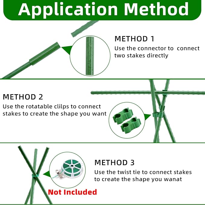 Garden Stakes 16 Inch 30 Pack, Diy 4ft 5ft 6ft 7ft 8ft Tomato Stakes Plastic Coated Metal Plant Sticks Stakes Supports with 20 Connectors 15 Rotatable Clips for Indoor Outdoor Plants Vegetable