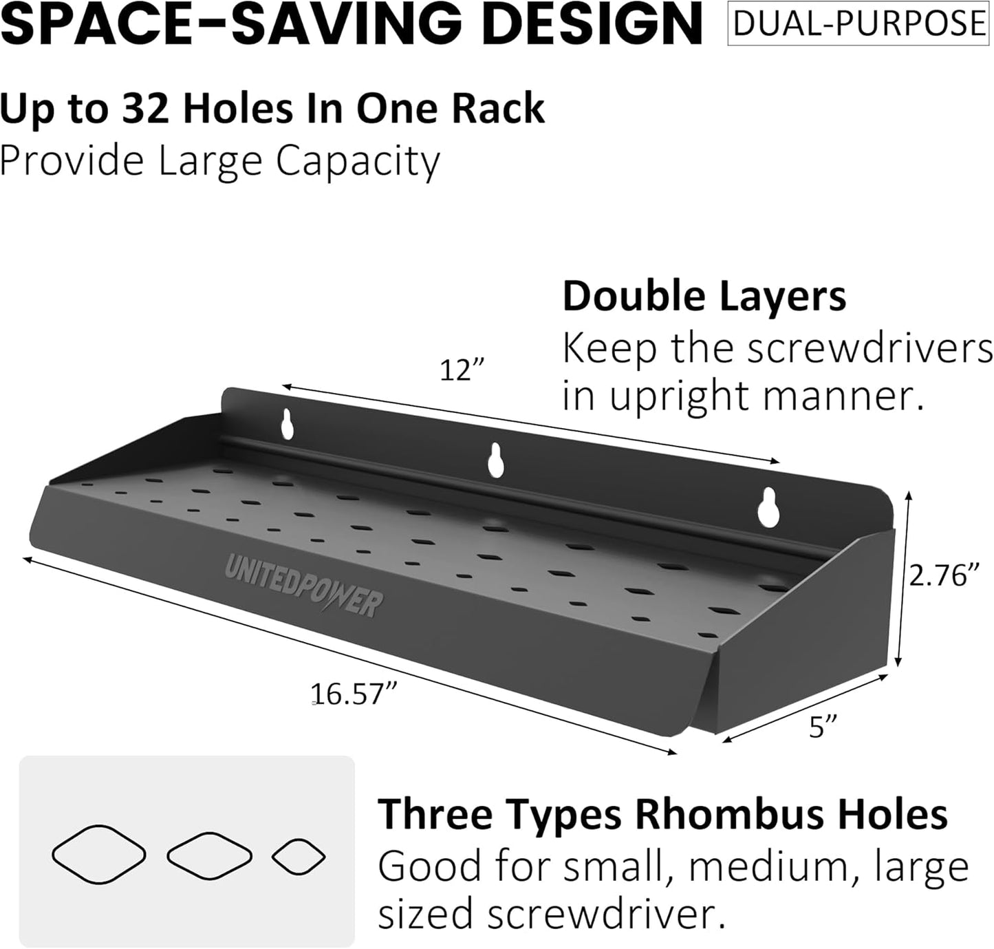UNITEDPOWER Screwdriver Holder, Wall Mount Storage Rack Organizer for Workshop, Shed, Garage, Home, Stores up to 32 Screwdrivers or Small Tools
