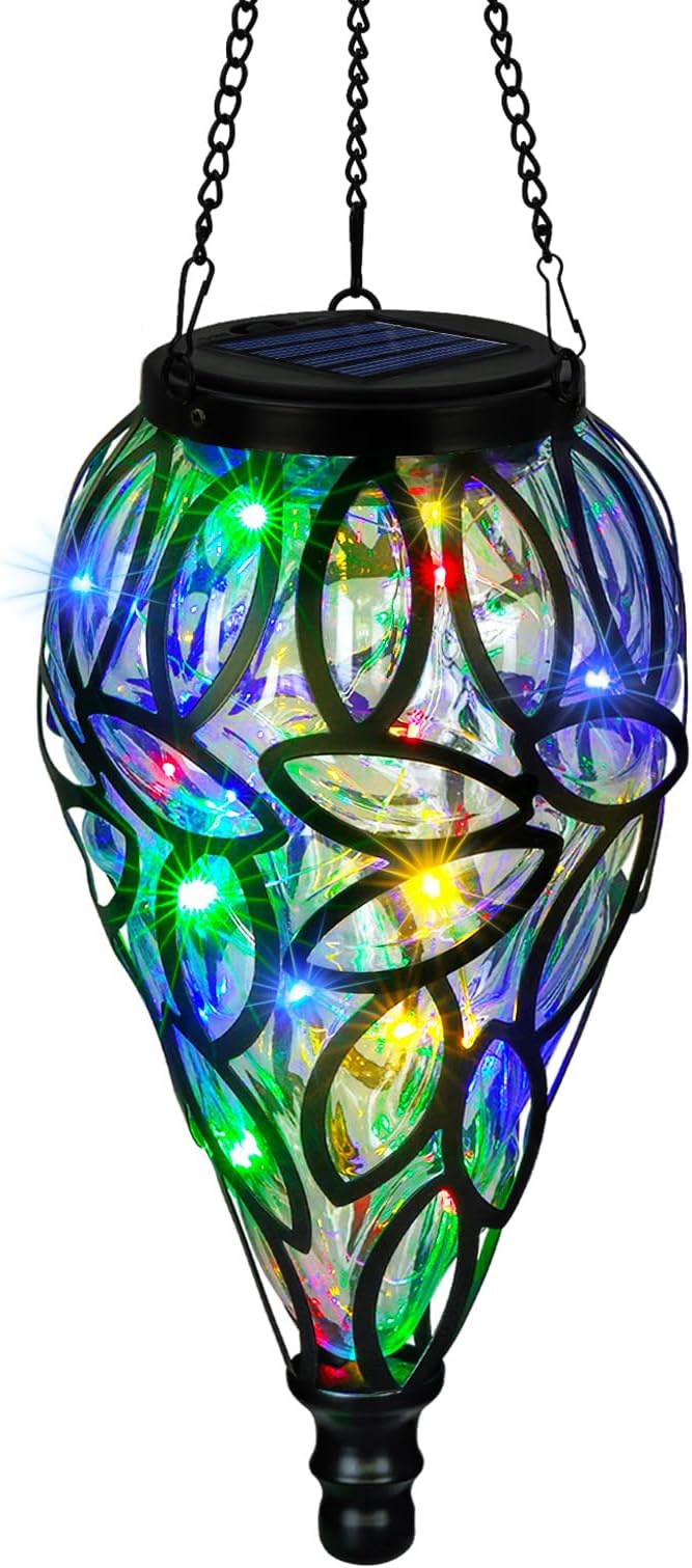 Outdoor Plastic Solar Hanging Lantern, 15 Multi Color LEDs Twinkle Effect Tear-Shaped Hanging Lantern Decor Garden Decorative Solar Lights for Backyard, Patio and Lawn