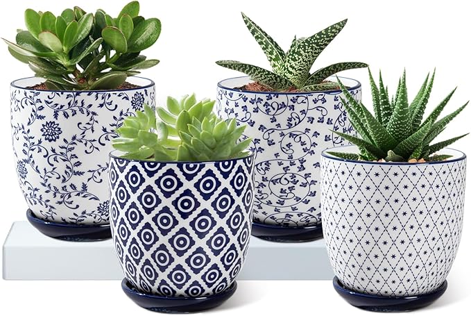 Ceramic Succulent Planter Pots - 4.6 Inch Small Flower Pot with Drainage Holes and Saucers for Indoor Plant, Cactus, Herbs, Outdoor Plants, Home Decor, Set of 4, Vintage Blue