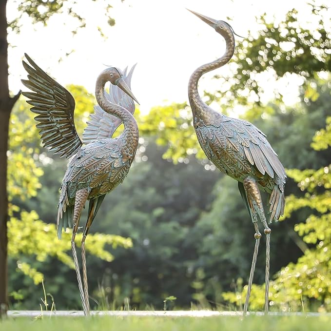 TERESA'S COLLECTIONS Yard Decorations Outdoor Garden Statues, Gold Metal Crane Yard Art, 33-39inch Lawn Ornaments for Backyard, Outside Porch, Patio, Wedding Decor, Set of 2, Christmas Decor