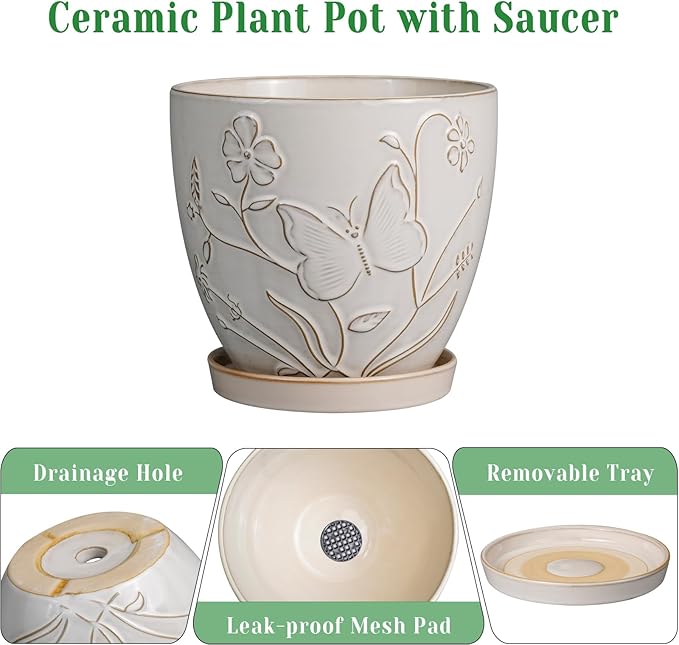 8 Inch Ceramic Pots for Plants Large Planter Pot with Drainage Hole and Saucer Round Flower Pot for Indoor Outdoor Decor, White
