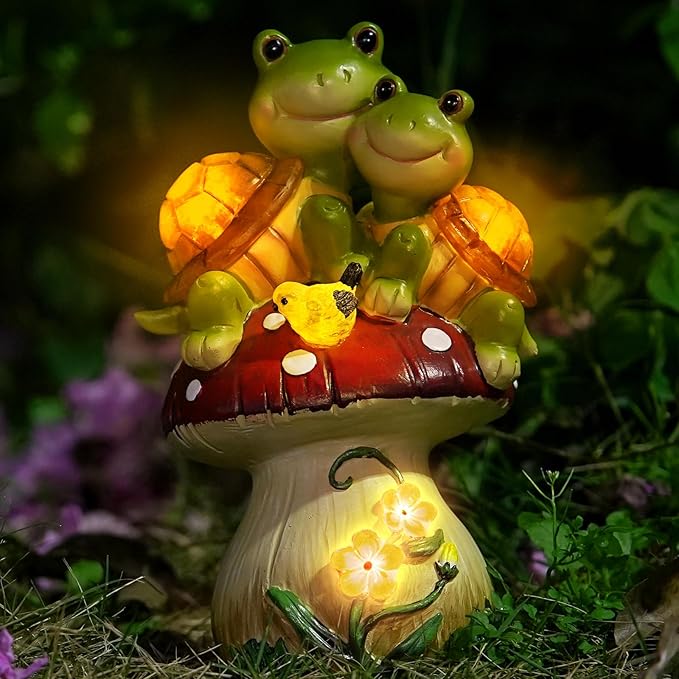 Solar Light Turtle Garden Statue, Turtle on Mushroom Figurine, Lovely Tortoise Garden Statue with 5 LED Lights for Patio, Balcony, Yard, Housewarming, Lawn Ornament, Outdoor Lawn Decor