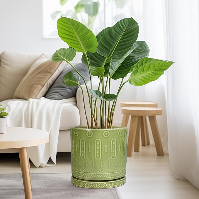 Ceramic Pot for Plants - 10 Inch Indoor Plant Pots with Drainage Holes and Saucer, Boho Round Planter Outdoor, Decorative Large Planter for Flower, Living Room Decor, Garden Gifts, Green