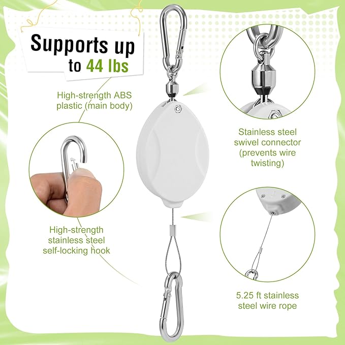 Plant Pulleys for Hanging Plants, Heavy Duty Retractable Hangers, 304 Stainless Steel Rope, Auto Plant Holder, Adjustable Climbing Hook for Garden Baskets Watering, or Bird Feeders 2PC (White)
