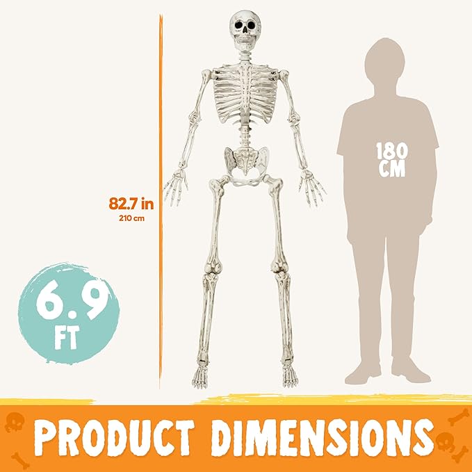 JOYIN 6.9 FT Halloween Skeleton Posable Plastic Full Body Realistic Human Bones with Movable Joints for Indoor Outdoor Halloween Props Spooky Scene Party Decorations（White, No Screwdriver）