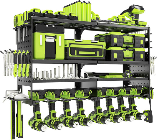 Power Tool Organizer Wall Mount,Heavy Duty Metal 4 Layer 8 Slots Drill Holder,Garage Cordless Storage Rack with Screwdriver Plier Hammer Holder for Workshop Carport Basement