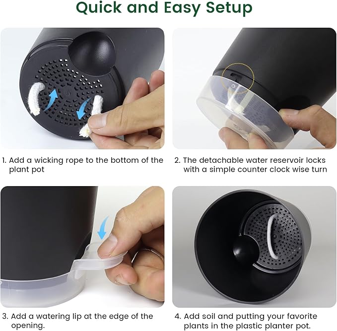 6 inch Self Watering Pots for Indoor Outdoor Plants, 6 Pack Flower Plant Pots with Drainage Holes and Clear Reservoirs, Visible Water Level, Plastic Planters with Wicking Rope, Black