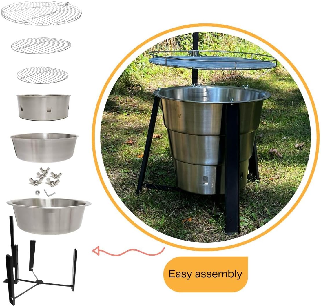 18-Inch Portable Campfire Pit & Grill - Stainless Steel Fire Pit with Raised Edge Grilling Rack