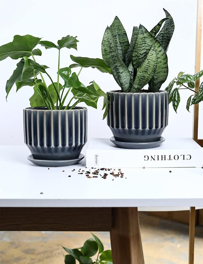 AISBUGUR Plant Pots 6 inch Ceramic Pots for Indoor Plants Set of 2 Flower Pots Unique Crackle Glaze Design Plant Pots with Drainage Hole and Saucer Come with Drainage Nets (Grey)