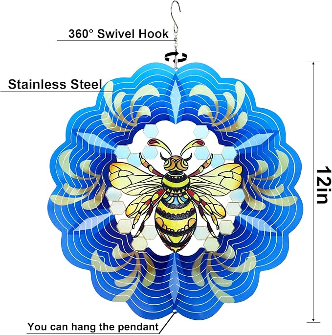 Bee Wind Spinners 3D Hanging Wind Spinner Bee Ornament Gifts for Women Mom Grandma,12inch Metal Spring Wind Kinetic Sculpture for Outdoor&Indoor Decor, Yard Art, Garden Decoration
