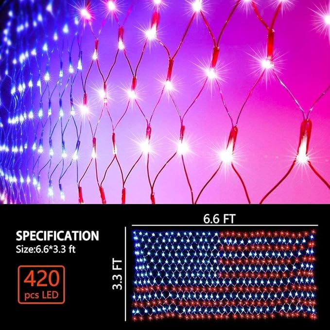 MUYUN American Flag String Lights, 420 LED USA Flag Net Light Waterproof Patriotic Lights for Party Home Decor July 4th Decorations Independence Day