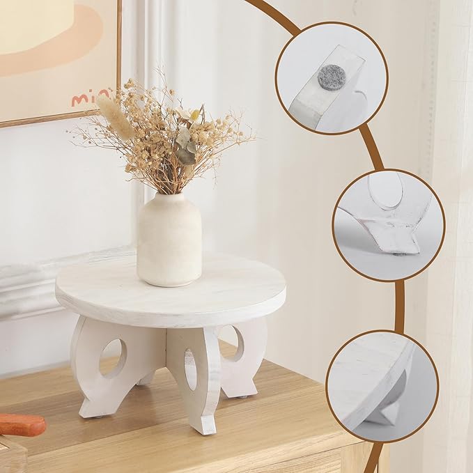 Small Plant Stand Kitchen Display Stand 10 inch Plant Holder Plant Stool Round Stand Risers Farmhouse Rustic Balcony Decor Pedestal Board Washed White