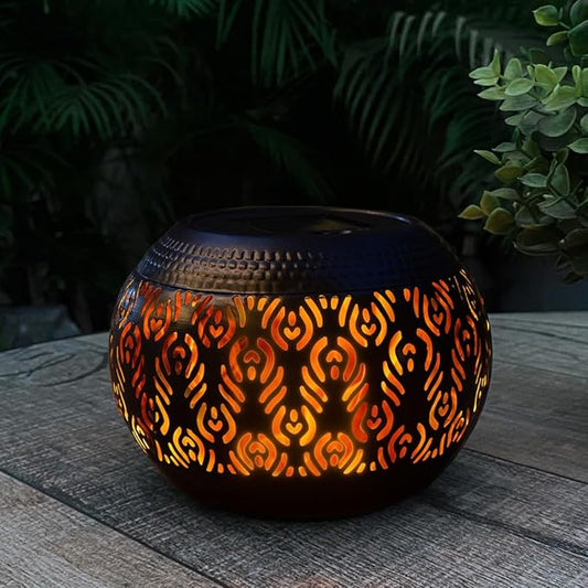 Solar Table Light Outdoor Waterproof - Solar Powered LED Lamp Dancing Flickering Flame,Hollowed-Out Black Peacock Feather Metal Desktop Decorative Lantern for Desk Patio Garden Pathway Yard