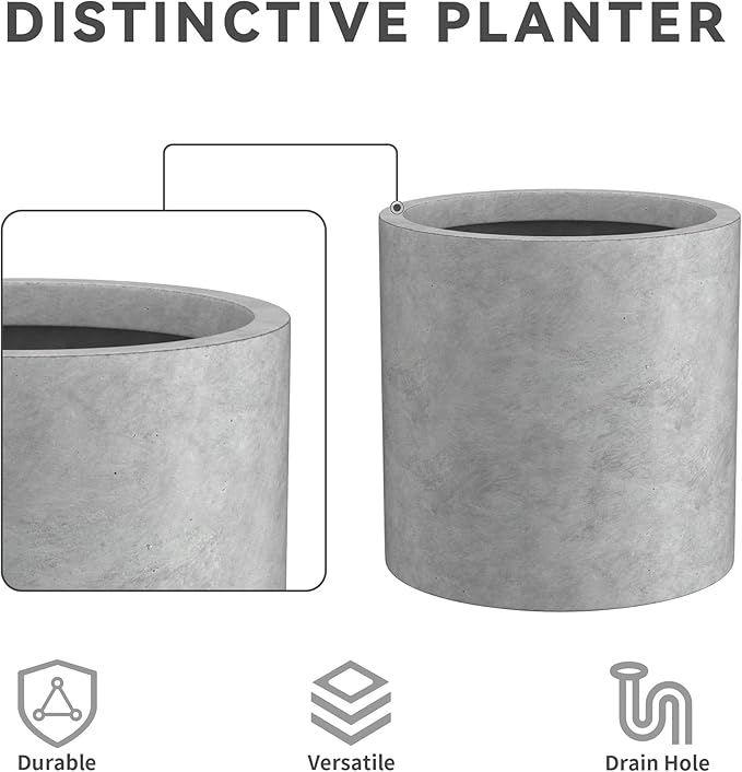 Kante 9.8" Dia Round Concrete Planter, Modern Style Large Cylindrical Plant Pot with Drainage Hole and Rubber Plug for Indoor Outdoor Patio, Natural Concrete