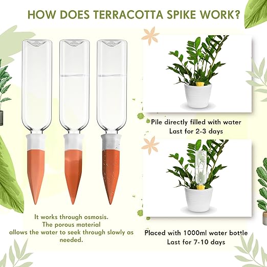 4 Pack Plant Watering Devices, Terracotta Self Watering Spikes with 25 oz Plastic Wine Bottles, Slow Release Plant Waterer Self Watering Planter for Vacation Indoor Outdoor Plant