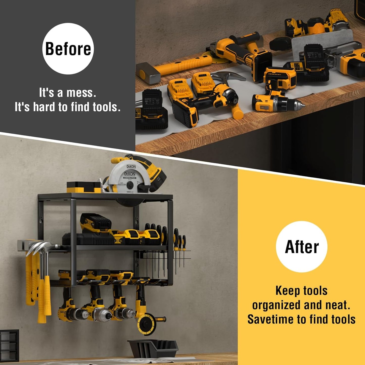 YYR Heavy Duty Power Tool Organizer Wall Mount, Cordless Drill Hanger Storage Rack, Battery Tools Holder with Charging Station Shelf for Garage Organization, Workshop, Pegboard, Shed - 16 Inch 4 Slots