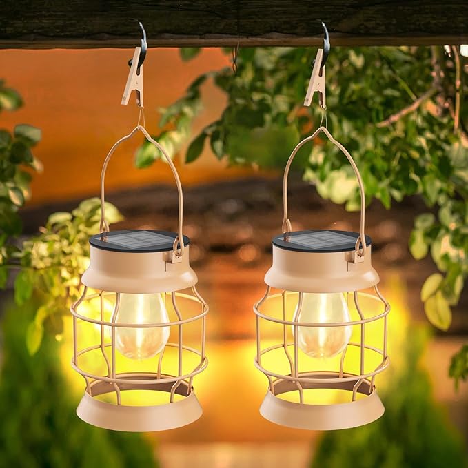 2 Pack Solar Outdoor Lights Metal Hanging Solar for Outside Lights Outdoor Waterproof Retro Design with Edison Bulb Decorative for Patio Porch Fence Garden Lawn