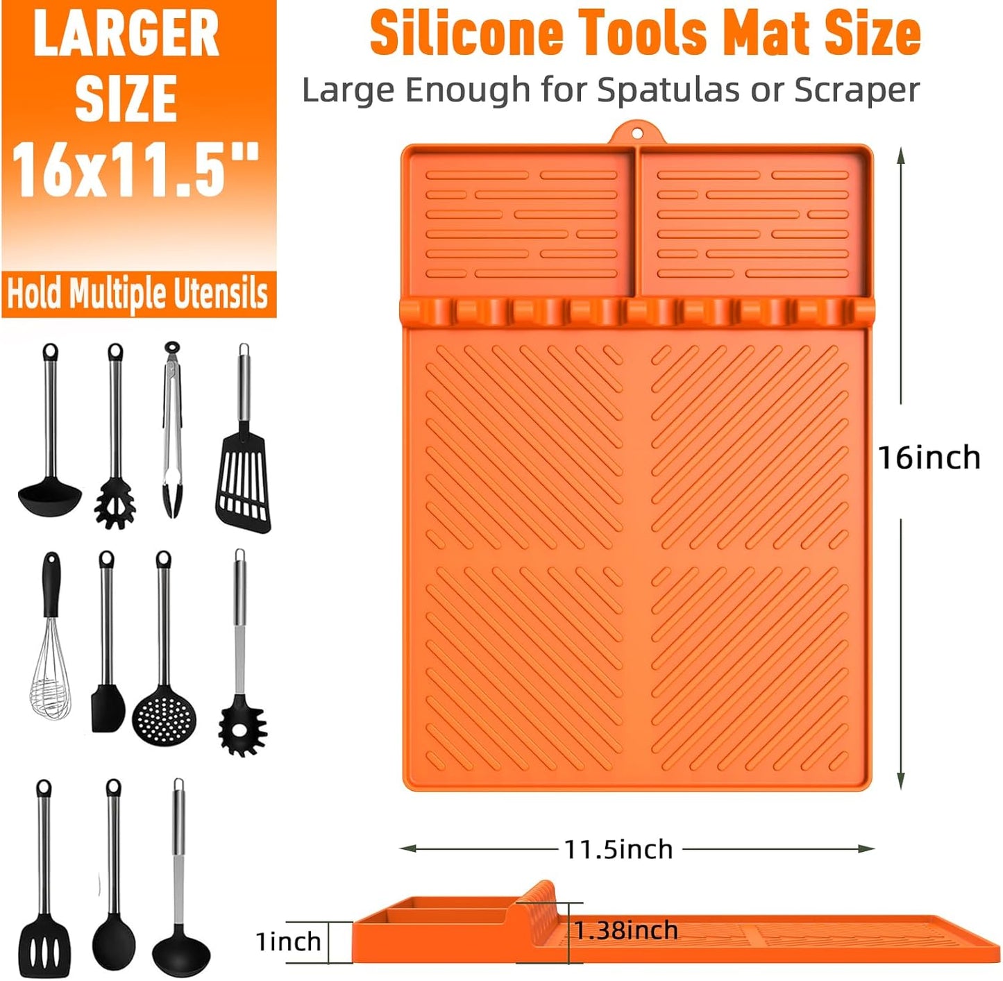 Silicone Grill Mat Compatible with Blackstone, Silicone Griddle Tools Mat with Drip Pad, Spatula Mat for Outdoor Grill Kitchen Counter (Orange)