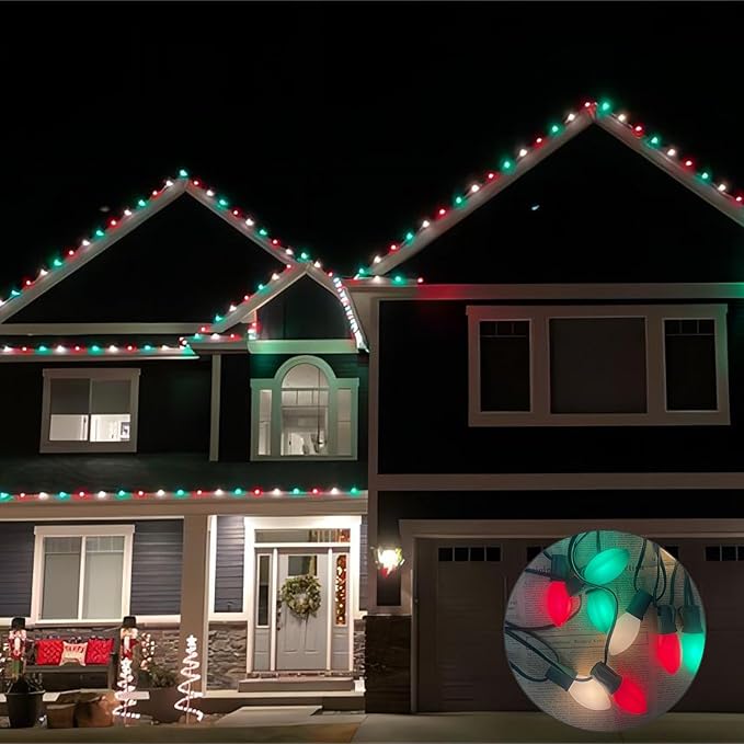 25Ft Red, White, and Green C9 Outdoor Christmas Lights with 26 Incandescent Bulbs (1 Spare), Extendable C9 Christmas String Lights for Tree, Roofline