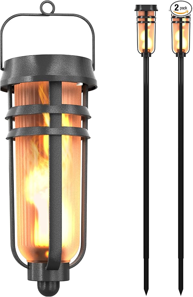 Metal Solar Torch - Adjustable Height (24" - 50"), Outdoor Lights with Flickering Flame, Waterproof Solar Powered Lights, Flame Torches for Patio, Pathway, Yard Decor, Matte Black (2-Pack)