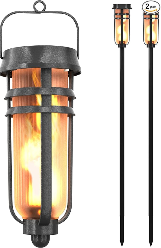 Metal Solar Torch - Adjustable Height (24" - 50"), Outdoor Lights with Flickering Flame, Waterproof Solar Powered Lights, Flame Torches for Patio, Pathway, Yard Decor, Matte Black (2-Pack)