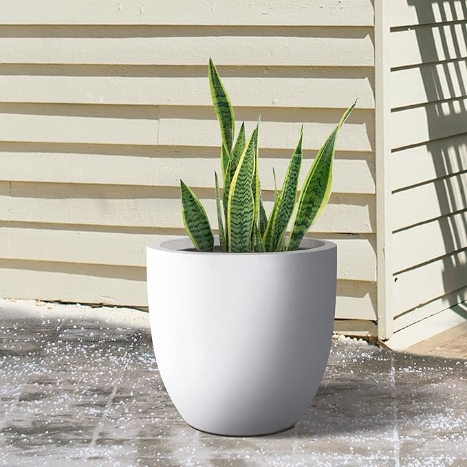 Kante 18 Inch Dia Round Concrete Planter, Indoor Outdoor Large Plant Pot with Drainage Hole and Rubber Plug for Home Patio Garden, Pure White