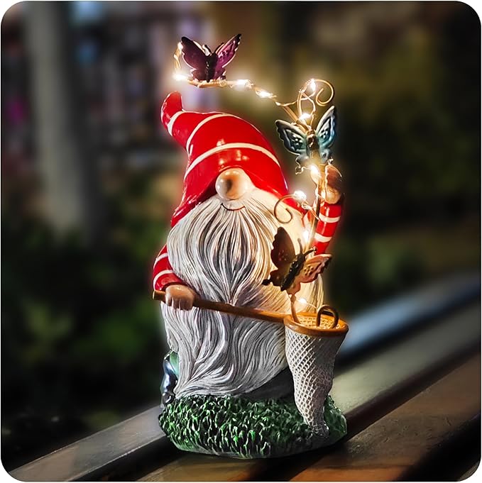 Solar Powered Gnome Garden Statue with Iron Butterflies - LED Lighted Garden Decorations, Resin Gnome with Butterfly Net, Gifts for Women and Men，Outdoor Decor Ornaments for Outside